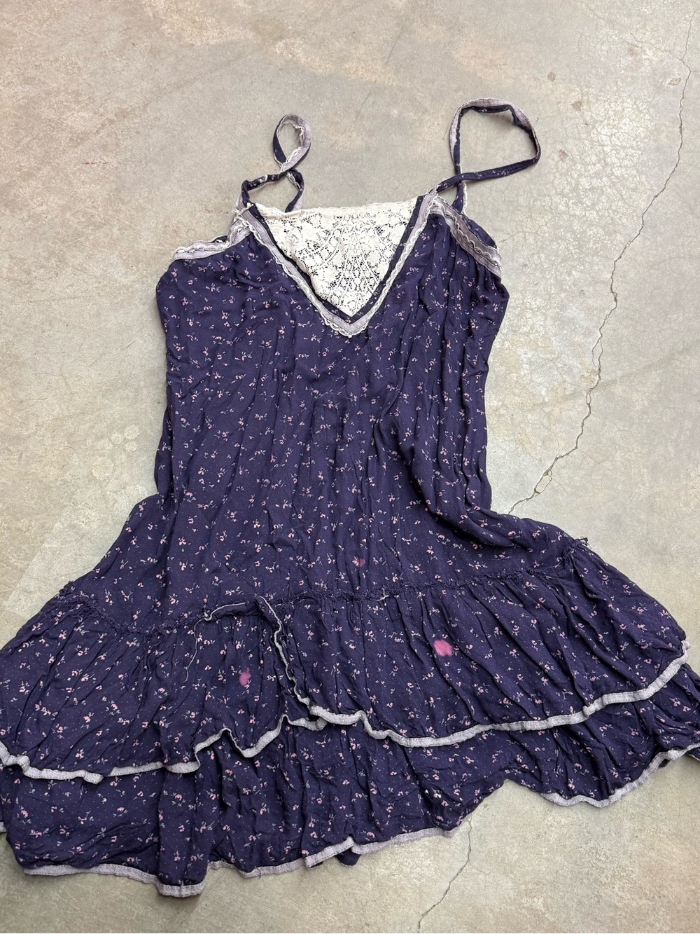 Free People Navy Floral Mini Dress with Cream Lace Trim
